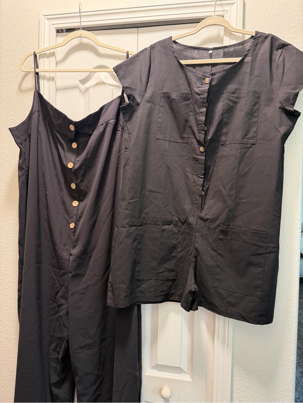 2-Women's Black Jumpsuit Romper - Button Front Utility Style